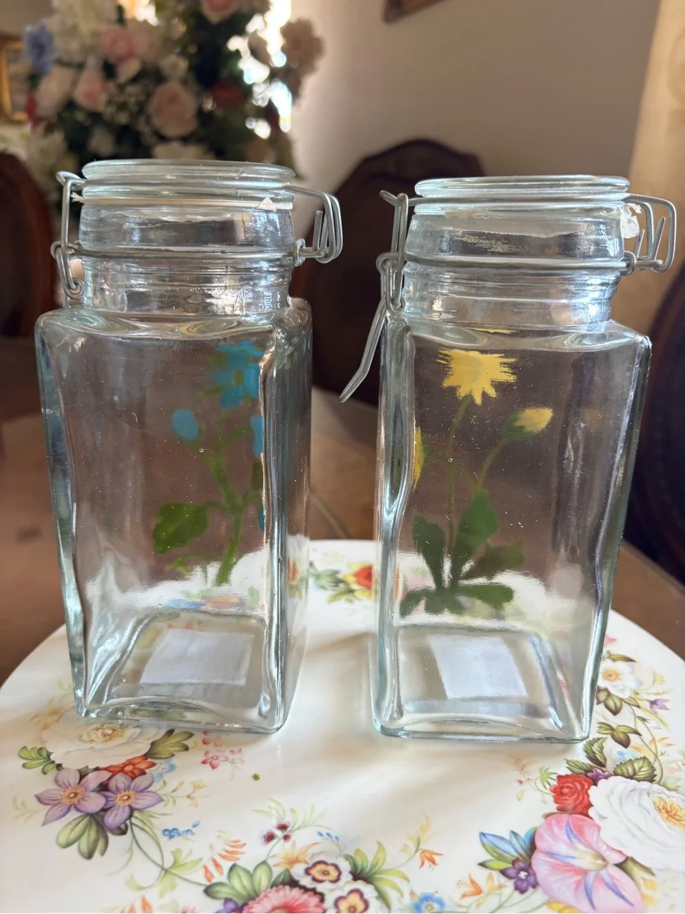 Set of 2 Glass Clip-Top Canisters with Floral Decals - Yellow & Teal New